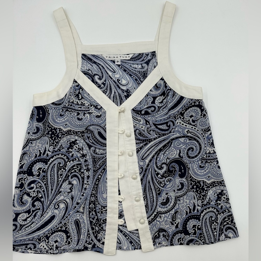 Trina Turk Vintage Women's Blue Paisley Silk Tank with Front Buttons Size Petite